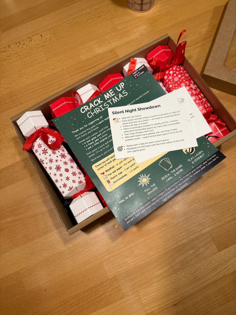 Box of Crack Me Up Christmas crackers open, showing the insert and example game card inside