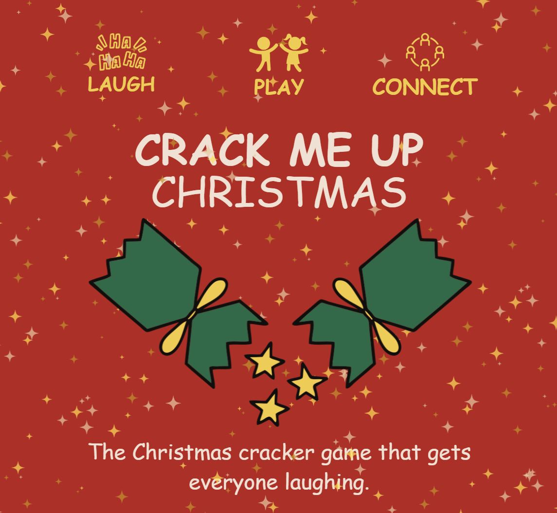 Crack Me Up Christmas Game branding image. Red background with pulled cracker and yellow icons with "Laugh", "Play", "Connect".  