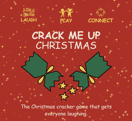 Crack Me Up Christmas Game branding image. Red background with pulled cracker and yellow icons with "Laugh", "Play", "Connect".  